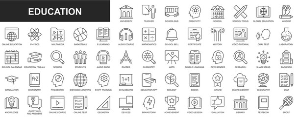Education web icons set in thin line design. Pack of teacher, school, creativity, wisdom, online library, e-learning, audio course, certificate, video tutorial, other. Outline stroke pictograms - obrazy, fototapety, plakaty