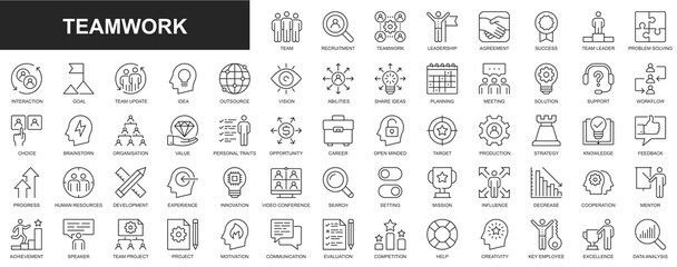 Teamwork web icons set in thin line design. Pack of team, recruitment, leadership, agreement, success, leader, problem solving, interaction, goal, idea, vision, other. Outline stroke pictograms