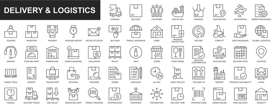 Delivery and logistics web icons set in thin line design. Pack of express, air ship, order processing, courier, payment, parcel protection, warehouse, cargo and other. Outline stroke pictograms