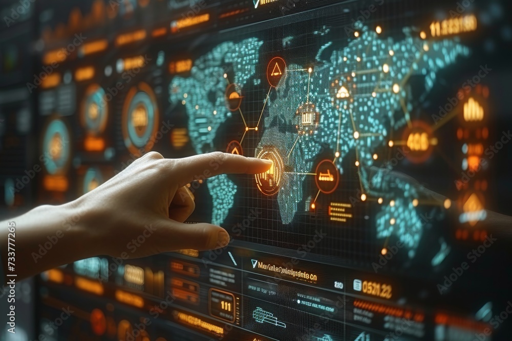 Poster human hand interacting with large digital display with world map on it