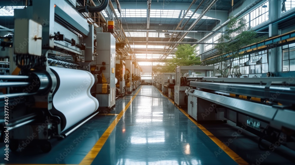 Poster An industrial printing machine which uses an environmentally-friendly ink the printing machine is in a clean. Generative AI.