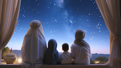 Muslim family looks at night view sitting on home balcony. Family hearts filled with gratitude for beauty of world and blessings of Allah