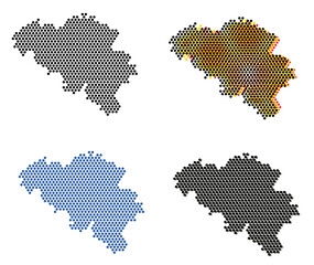 Umriss von Belgien mit Punkten, vier Varianten, in schwarz, blau, mit Schatten und in Landesfarben