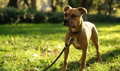 Cute dog pet on a leash on sunny day in park outdoors