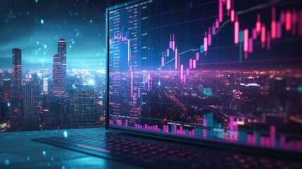 Chart, trading, space in the background with turquoise purple and light blue colors. Generative AI.