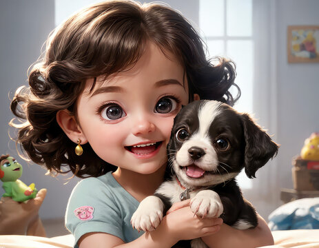 In the image, a little girl with brown curly hair is holding a small black and white puppy. 