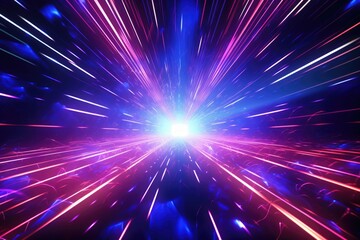 Futuristic retro background with rainbow comets. Abstract neon light background, empty space scene. Speed of light in galaxy. Explosion in universe. Cosmic backdrop