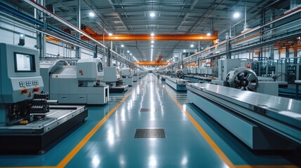 Aluminum machining factory, illuminated and with machining centers. Generative AI.