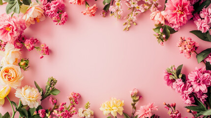 A beautiful variety of flowers on a pastel pink background with space for weaving in the center. Flat lay, top view. - obrazy, fototapety, plakaty