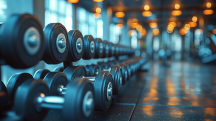 Dumbbells on rack in gym background close up look