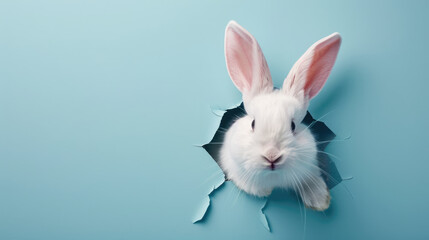 A cute white rabbit tore the paper backdrop and looked out of the hole. Easter background with place for text.