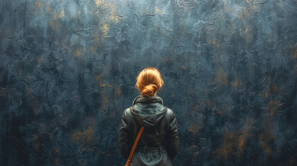 Woman standing in front of a textured dark wall, view from the back.