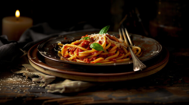 Spaghetti Bolognese With Minced Pork Meat And Parmesan, Basil On Top. Rustic Plate And Dark Setting.