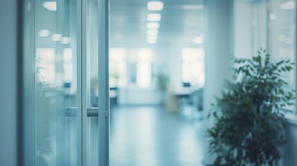 Bright and modern office corridor with sunlight streaming through glass doors, creating a welcoming business environment.