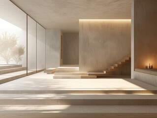 Modern minimalist living space with warm ambient lighting, large windows, and a focus on geometric lines and natural materials.