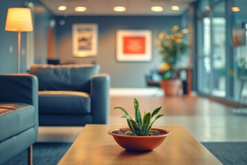 A cozy office interior bathed in sunset light, featuring stylish furnishings and a warm, inviting atmosphere.
