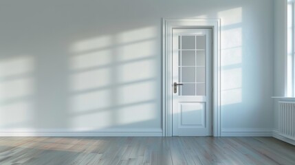A clean, white minimalist room is filled with soft sunlight casting sharp shadows, creating a serene and peaceful space.
