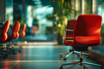 Quiet, modern office interior with personal workstations, soft lighting, and a relaxed atmosphere.