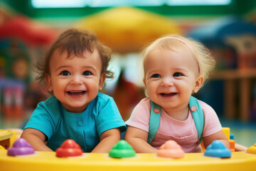 Fototapeta na wymiar Two joyful babies with bright smiles playing with colorful geometric shape toys on a vibrant play table. Generative Al