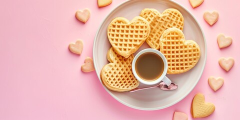 Obraz na płótnie Canvas Top view of cup of coffee with homemade heart-shaped waffles on pink background. Minimalist concept of food.