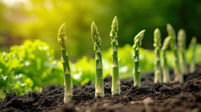 Asparagus shoots grow from the soil. Background with green pods of asparagus growing in open ground. Healthy organic food, agriculture