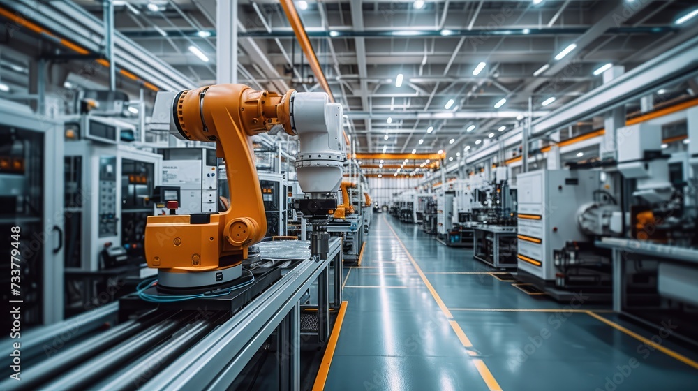 Poster a factory interior with automated machines. generative ai.