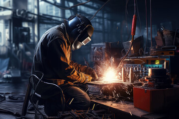 Two welders in working coverall are working on pipe welding. Two handymen welding and grinding at their workplace plant they wear a protective helmet and equipment. Industry steel work - obrazy, fototapety, plakaty