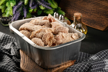 Raw pieces chicken breast breaded ready for frying.