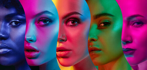 Creative collage made of close-up portrait of beautiful youth women of different age and nationality over multicolored neon lights. Women's day. Concept of human emotions, equality, support, beauty