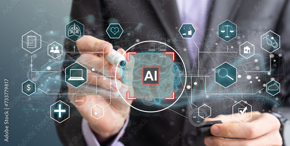 Poster artificial intelligence concept businessman holding ai on computer screen to using for in document m