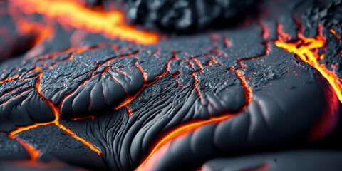 vulkanisch flüssige orange leuchtende Magma oder Lava fließt in Bächen, wie ein Fluß nach einem Vulkan Ausbruch gefährlich heiß brennend verschlingt es Leben und läßt neue Erde entstehen Asche Glut