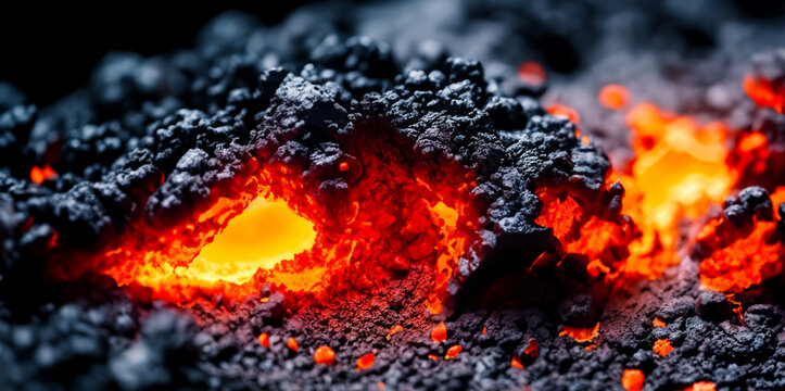 Vulkan Lava oder Magma flie&szlig; aus Ausbruch einer neuen Erde in hei&szlig;en vulkanischen fl&uuml;ssigen Stein zur Erneuerung und Erdentstehung mit Feuer und Flamme in gl&uuml;hend hei&szlig;em orangen Licht gef&auml;hrlich