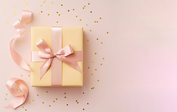 A beautiful yellow giftbox with a pastel pink bow on a pink color background with copyspace sequences of confetti and ribbons.