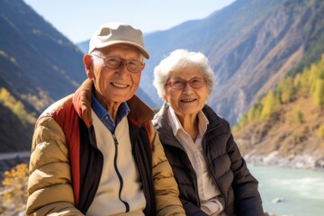 Portrait of an elderly couple outdoors, enjoying a serene moment in nature.