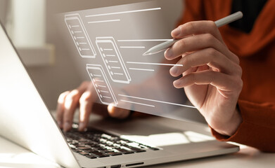 Paperless workplace idea, e-signing, electronic signature, document management. A businessman signs...