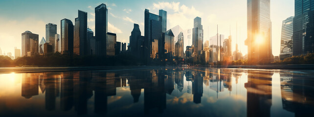 Panoramic view of tall buildings, towers, skyscrapers and street on the sunset, reflecting sunlight. Image created by Generative AI. - obrazy, fototapety, plakaty