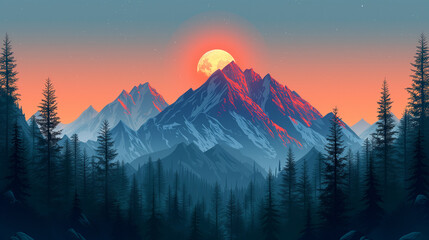 Spectacular Sunset Over Snow-Capped Peaks and Lush Forests - obrazy, fototapety, plakaty