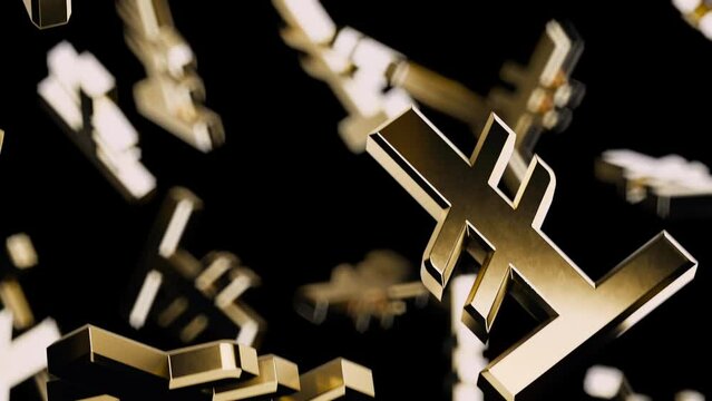 Endlessly Falling Gold Tugrik Symbol on a Black Background