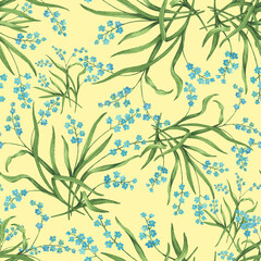Seamless pattern with spring bouquet of little blue forget-me-nots flowers. Hand drawn watercolor painting illustration isolated on yellow background.