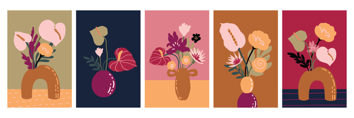 Hand drawn Valentine's Day bouquets. Abstract flat pink simple geometric floral shapes anthurium poppy flowers in vase boho shapes. Greeting card posters and social media template © Salnikova Studio