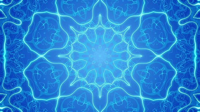 abstract kaleido animation, symmetrical neon blue pattern on a dark background, islamic mandala, seamless loop, 4k