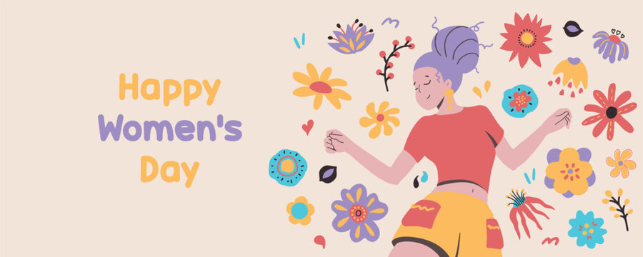 8th March Happy Women's Day banner with happy free woman jumping in air.  Colored flat vector illustration isolated on simple background. Concept of freedom, happiness and aspirations