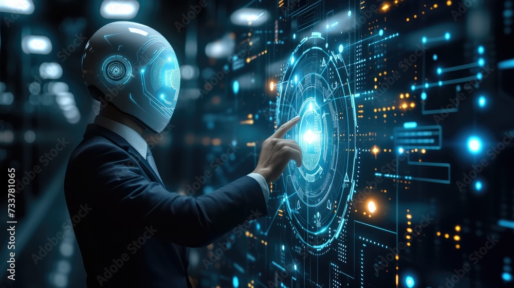 Aufkleber artificial intelligence ai research of robot and cyborg development for future of people, science an