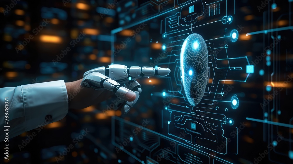 Poster Artificial intelligence AI research of robot and cyborg development for future of people, Science and artificial intelligence technology. Generative AI.