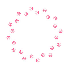 Paw print trail on white background. Vector cat or dog, pawprint walk circle path pattern background.