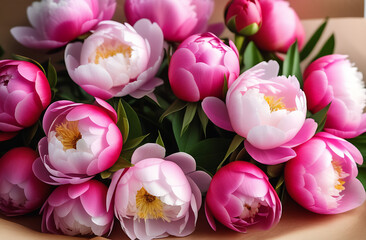 Fototapeta premium Garden flowers are pink peonies. Flower cards, background, screensaver, greetings, women's day, birthday. 
