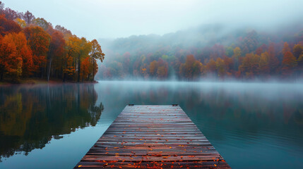 Wooden pier leading into misty lake waters amidst fall foliage splendor - obrazy, fototapety, plakaty