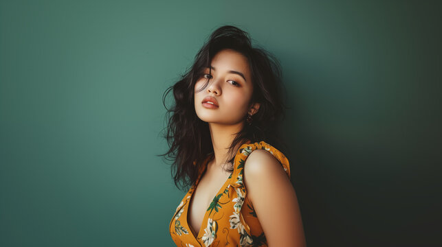 Sensual Asian woman looking at the camera on a plain green background