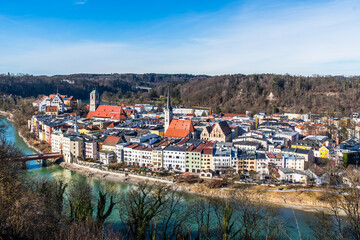 Wasserburg am Inn, romantic bavarian town on the Inn river in winter, panoramic aerial view