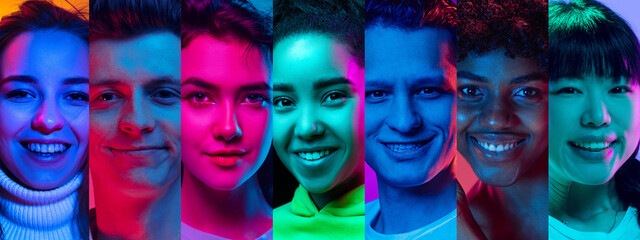Collage made of close-up portraits of smiling young people of different age, gender and nationality, looking at camera against multicolored neon lights. Concept of human emotions, youth, diversity - obrazy, fototapety, plakaty